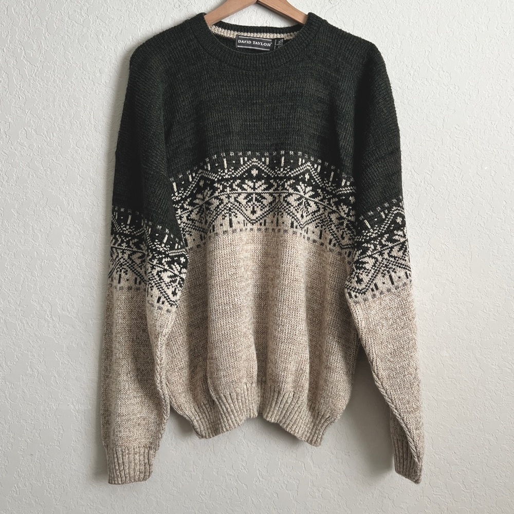 Vintage David Taylor Green and Tan Fair Isle Knit Crewneck Sweater L